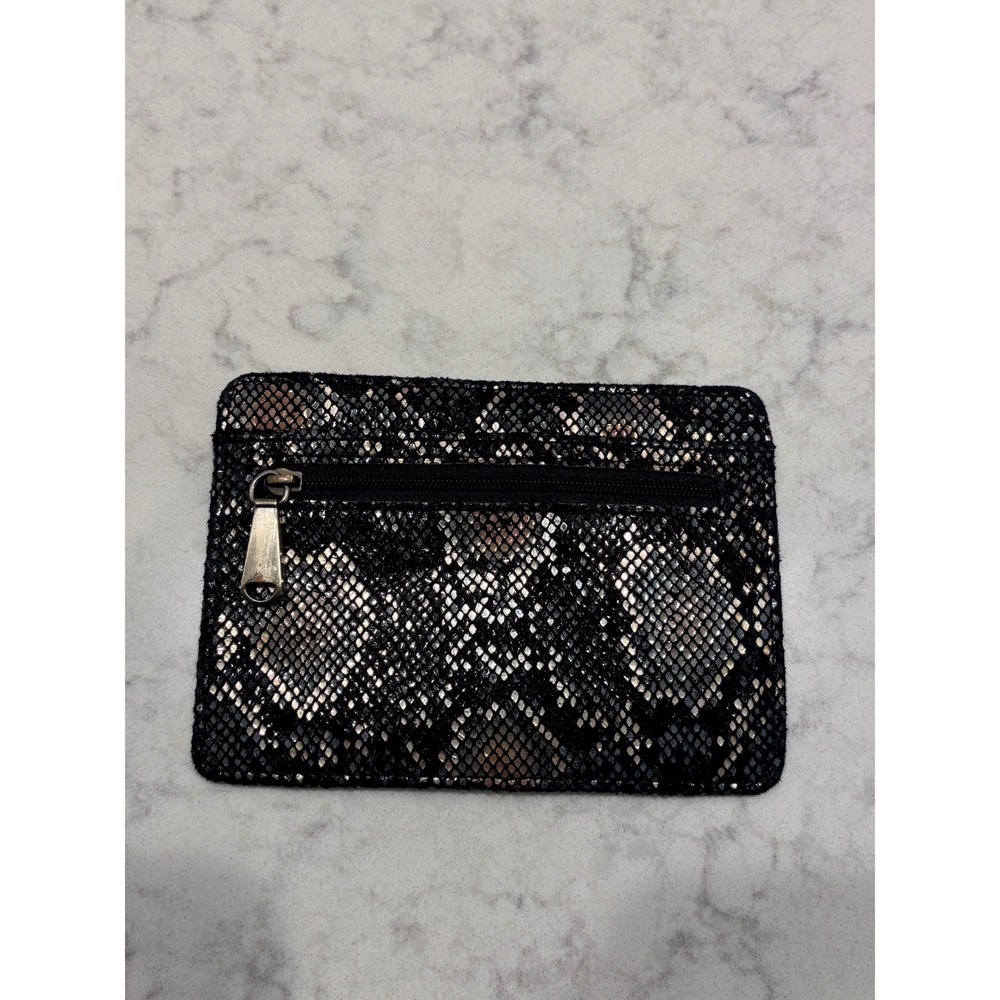 Hobo International Metallic Snakeskin Embossed Leather Slim Card Case Wallet Zip